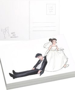300PCS Funny Wedding Postcard – Bride Dragging Groom Illustration